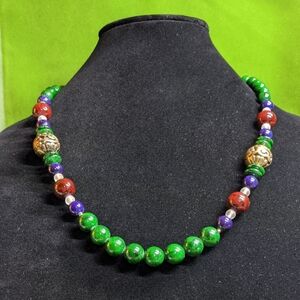 Multicolor Beaded Necklace, Stone Metal Glass